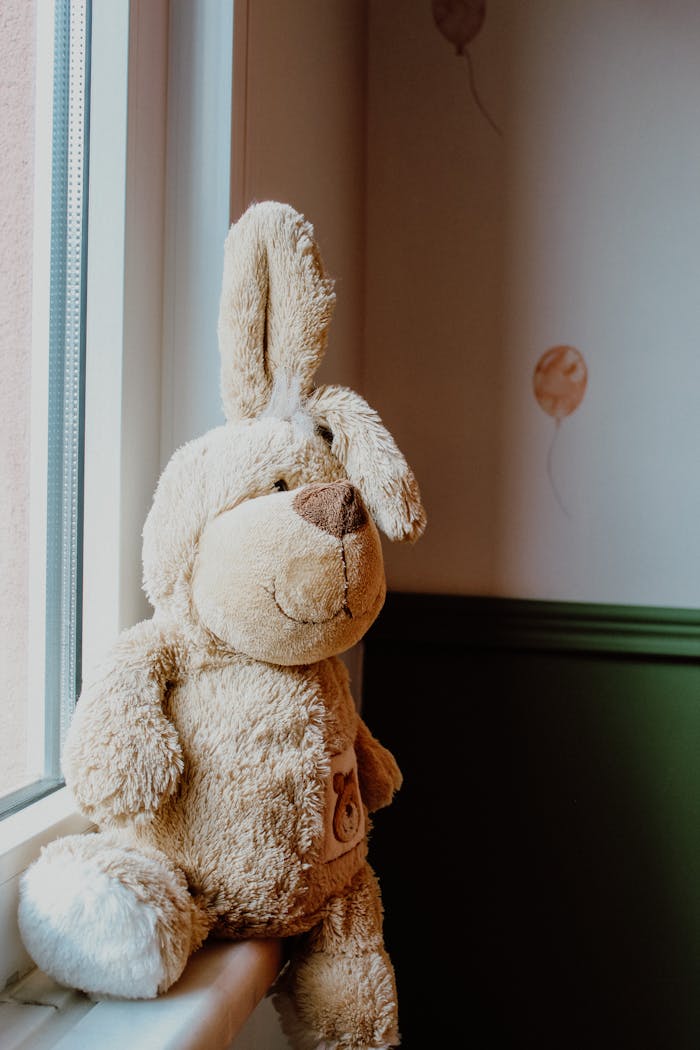 Adorable stuffed bunny toy sitting on a windowsill with soft natural light in a cozy Istanbul room.